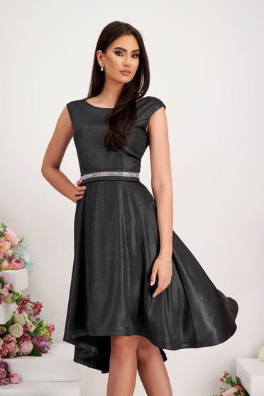 Dresses with rhinestones, Asymmetric black elastic fabric dress with glitter applications - StarShinerS - StarShinerS.com