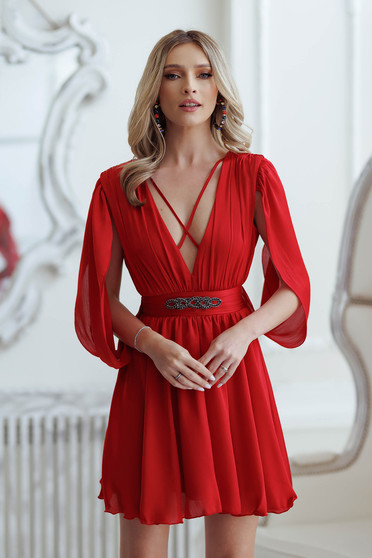 Online Dresses, Red dress from veil fabric cloche with embellished accessories - StarShinerS.com