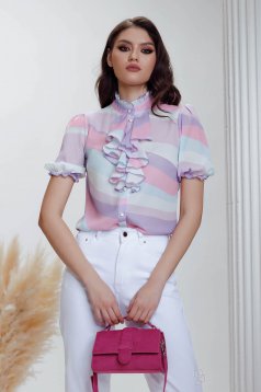 Women`s blouse from satin abstract with ruffle details