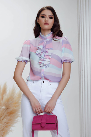 Elegant Blouses, Women`s blouse from satin abstract with ruffle details - StarShinerS.com