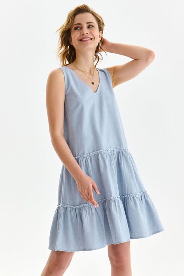 Loose dresses, Lightblue dress cotton short cut loose fit with v-neckline - StarShinerS.com