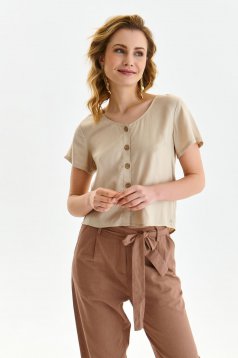 Beige women`s blouse loose fit thin fabric with button accessories