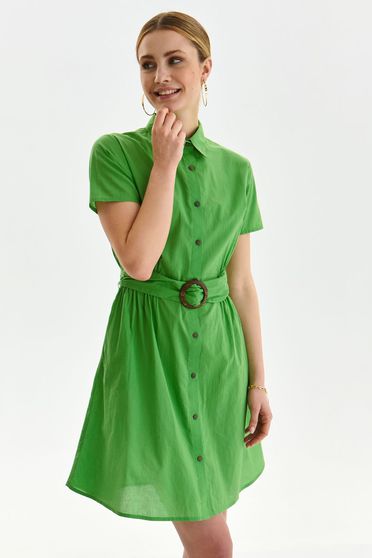 Day dresses, Green dress cotton short cut loose fit with pockets accessorized with tied waistband - StarShinerS.com