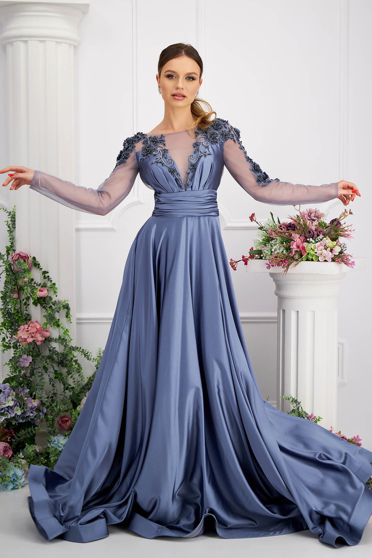 Online Dresses, Grey dress taffeta long cloche with lace details v back neckline - StarShinerS.com