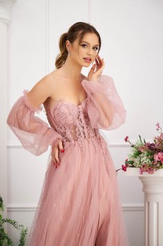 Pink dress from tulle long cloche with puffed sleeves lace and crystal embellished details