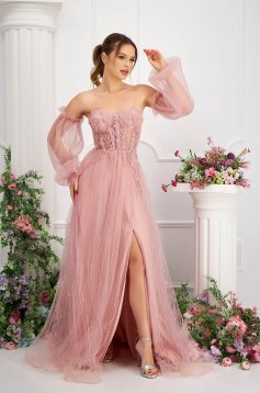 Long pink tulle dress in A-line with detachable puffed sleeves and lace and stone applications