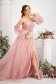 Long pink tulle dress in A-line with detachable puffed sleeves and lace and stone applications 4 - StarShinerS.com