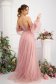 Long pink tulle dress in A-line with detachable puffed sleeves and lace and stone applications 5 - StarShinerS.com