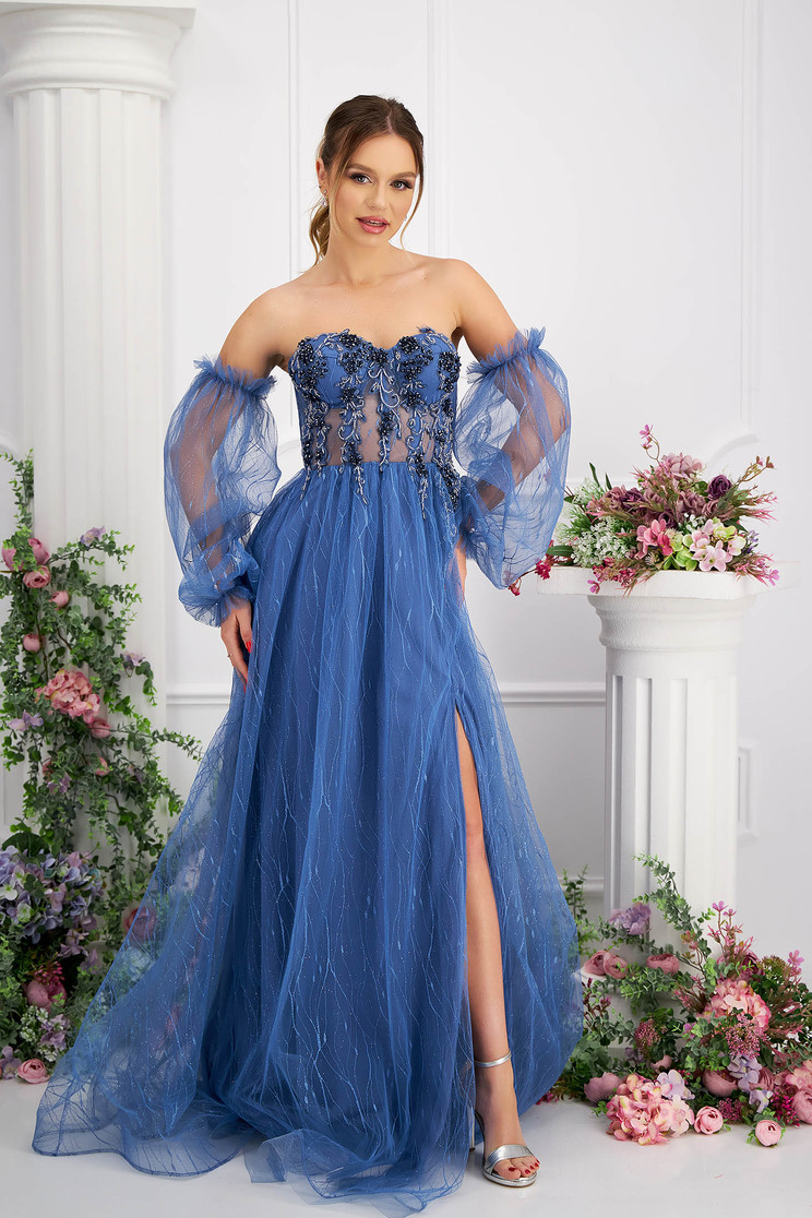 Embroidered Dresses, Blue dress from tulle long cloche with puffed sleeves lace and crystal embellished details - StarShinerS.com