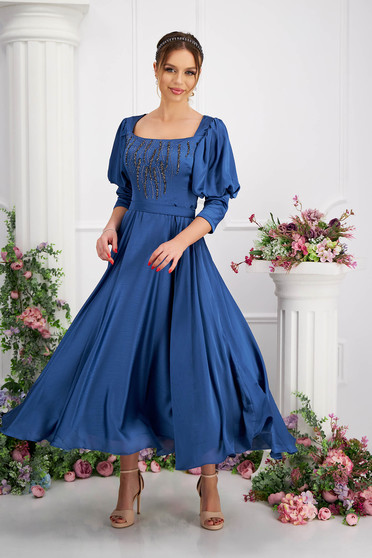 Online Dresses, Blue dress from veil fabric from satin fabric texture midi with puffed sleeves strass cloche - StarShinerS.com