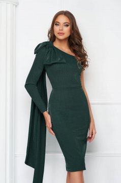 Dark Green Lycra Pencil Dress accessorized with a shoulder bow - StarShinerS