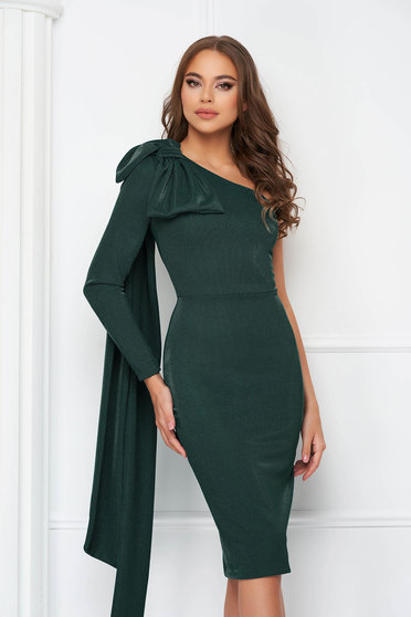 Long sleeve dresses - Page 4, Darkgreen dress pencil bow accessory one shoulder - StarShinerS lycra - StarShinerS.com