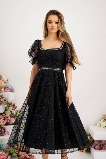 Black midi tulle dress with embroidered details and glitter applications, flared with belt type accessory