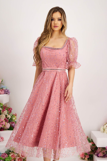 Embroidered Dresses, Pink dress from tulle with glitter details midi cloche accessorized with belt - StarShinerS.com