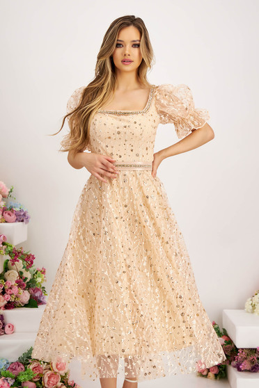 Midi dresses, Beige dress from tulle with glitter details midi cloche accessorized with belt - StarShinerS.com