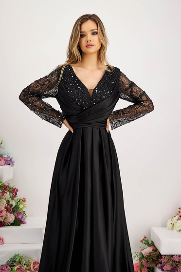 Dresses with rhinestones, Black dress taffeta long cloche with glitter details strass - StarShinerS.com