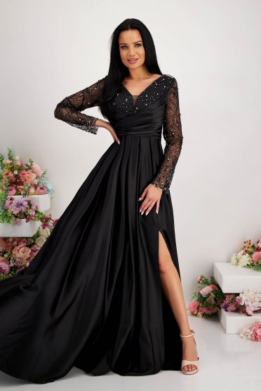 Dresses with pearls, Black dress taffeta long cloche with glitter details strass - StarShinerS.com