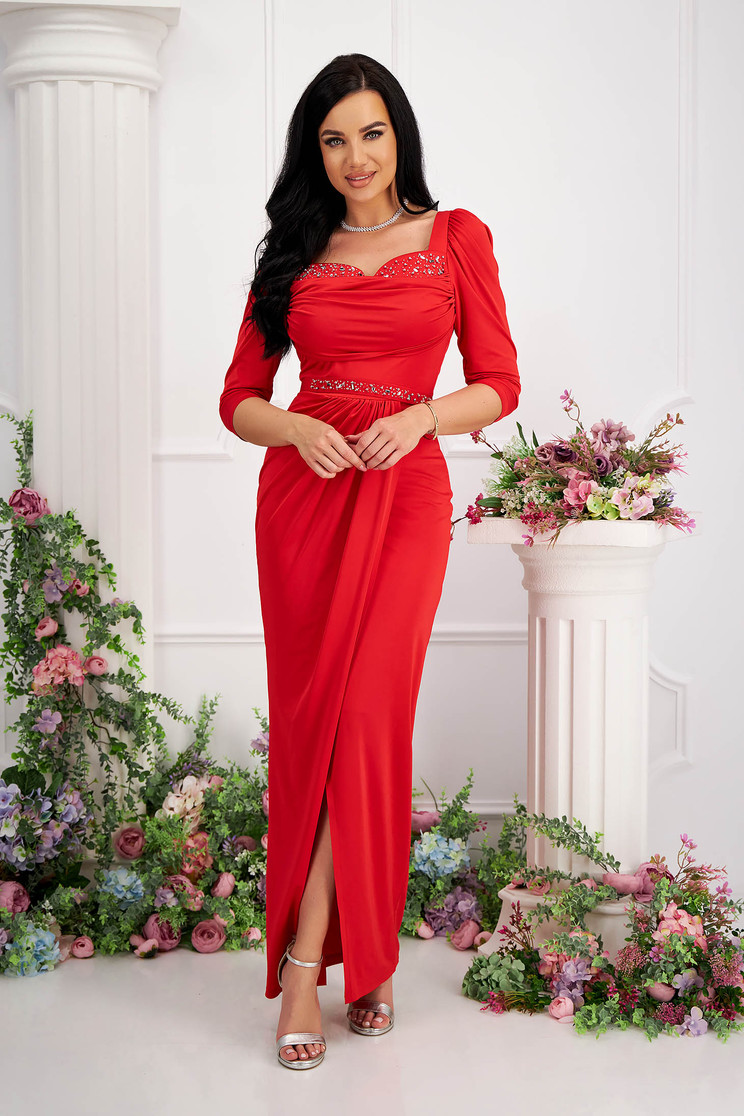 Dresses with pearls, Red dress lycra long wrap around high shoulders accessorized with belt with crystal embellished details - StarShinerS.com