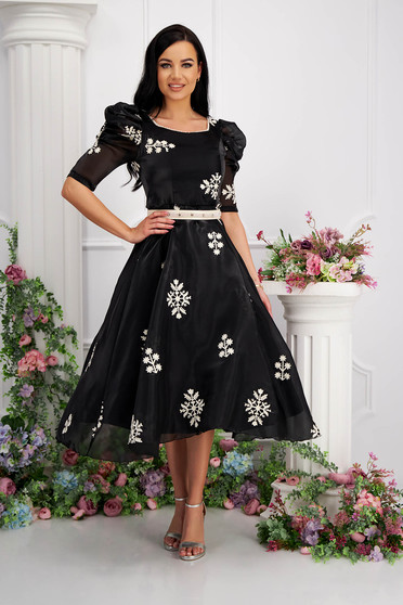 Embroidered Dresses, Black dress midi cloche embroidered accessorized with belt organza high shoulders - StarShinerS.com