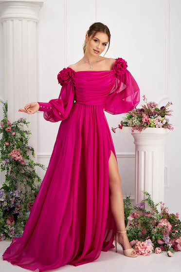 Fuchsia dress from veil fabric from satin fabric texture long cloche naked shoulders with raised flowers