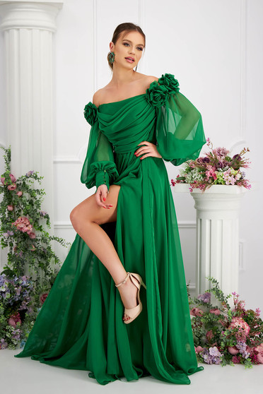 Online Dresses, Green dress from veil fabric from satin fabric texture long cloche naked shoulders with raised flowers - StarShinerS.com