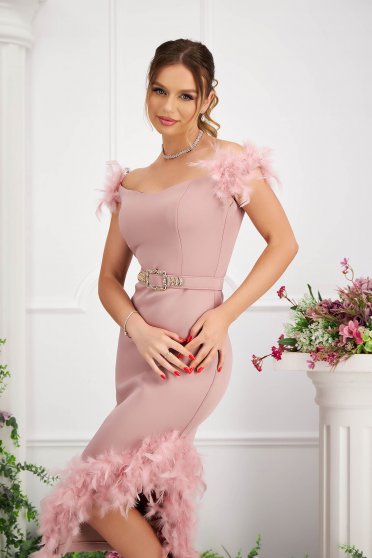 Plus Size Dresses, Powder pink dress pencil feather details detachable cord - StarShinerS.com