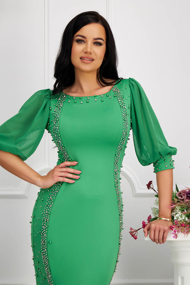Dresses with pearls, Green dress midi pencil with veil sleeves with puffed sleeves - StarShinerS.com