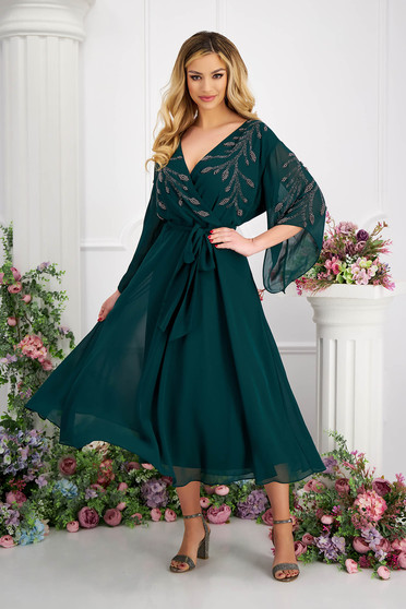 Dresses with rhinestones, Darkgreen dress midi cloche from veil fabric with pearls strass - StarShinerS.com
