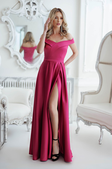 Luxurious dresses, Fuchsia dress cloche naked shoulders taffeta slit - StarShinerS.com