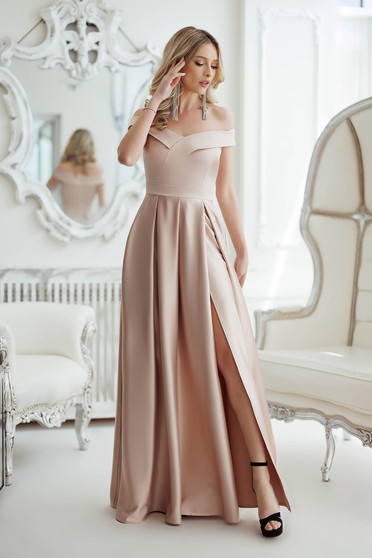 Luxurious dresses, Beige dress cloche naked shoulders taffeta slit - StarShinerS.com