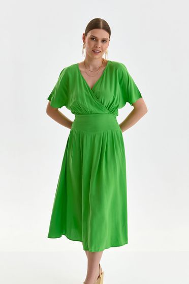 Rochie din material fluid verde midi in clos cu elastic in talie si decolteu petrecut - Top Secret