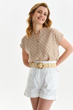 Beige women`s blouse light material loose fit with v-neckline with dots print