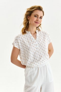 White women`s blouse light material loose fit with v-neckline with dots print