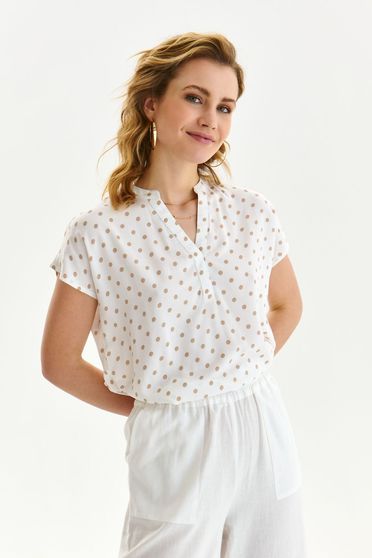 Bluza dama din material fluid alba cu croi larg si decolteu in v cu imprimeu cu buline - Top Secret