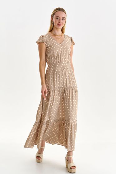 Thin material dresses, Beige dress light material cloche with elastic waist with ruffle details - StarShinerS.com