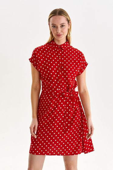 Day dresses, Red dress short cut straight thin fabric accessorized with tied waistband - StarShinerS.com