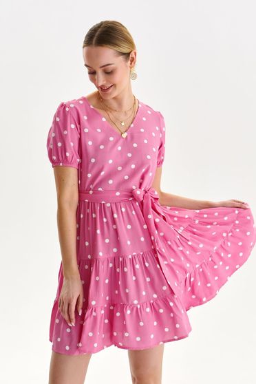 Polka dot dresses, Pink dress light material short cut cloche with v-neckline with puffed sleeves - StarShinerS.com