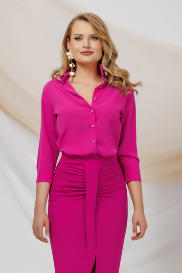 Women's fuchsia blouse made of thin material with a wide cut and three-quarter sleeves - PrettyGirl