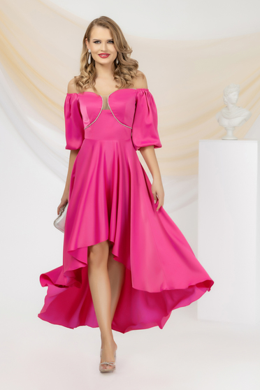 Dresses with rhinestones, Asymmetric fuchsia elastic taffeta dress in flared style with puffy sleeves and shiny thread - PrettyGirl - StarShinerS.com