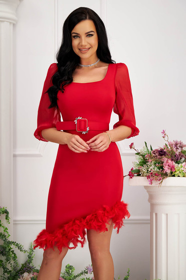 Online Dresses, Red dress pencil feather details transparent sleeves with puffed sleeves - StarShinerS.com