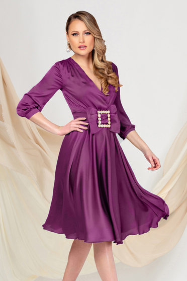 Midi Purple Veil Dress in A-line with Crossover Neckline - PrettyGirl