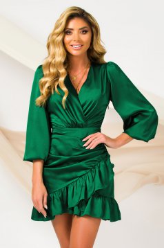 Darkgreen dress from satin short cut with ruffle details wrap over front