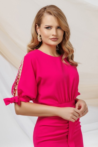 Online Dresses, Fuchsia dress crepe midi pencil with cut-out sleeves with small beads embellished details with pearls - StarShinerS.com