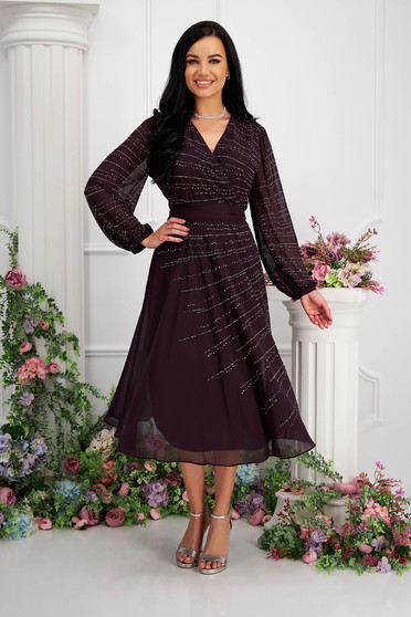 Long sleeve dresses - Page 3, Purple dress from veil fabric midi cloche strass wrap over front - StarShinerS.com
