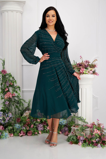 Long sleeve dresses, Darkgreen dress from veil fabric midi cloche strass wrap over front - StarShinerS.com