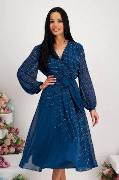Petrol blue dress from veil fabric midi cloche strass wrap over front