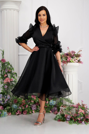 Luxurious dresses, Black dress organza midi cloche accessorized with belt with puffed sleeves - StarShinerS.com