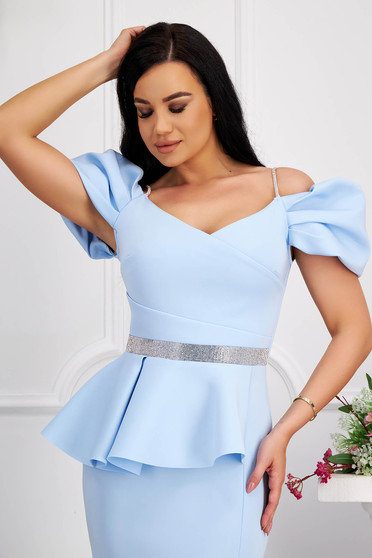 Blue dresses, Lightblue dress midi pencil with frilled waist with bright details - StarShinerS.com