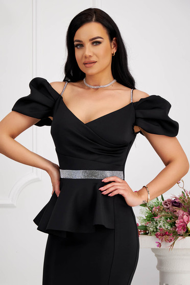 Dresses with rhinestones, Black dress midi pencil with frilled waist with bright details - StarShinerS.com