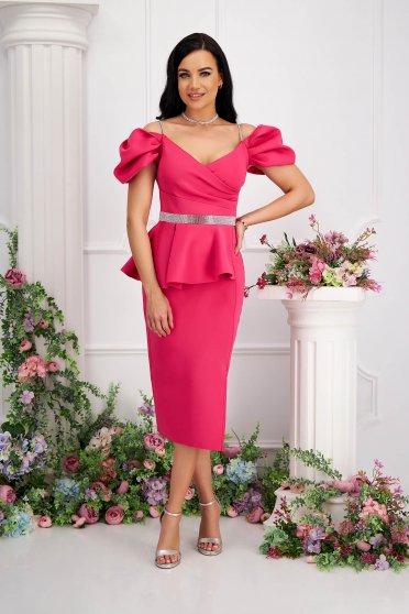 Pink neoprene midi pencil dress with peplum and sparkling applications